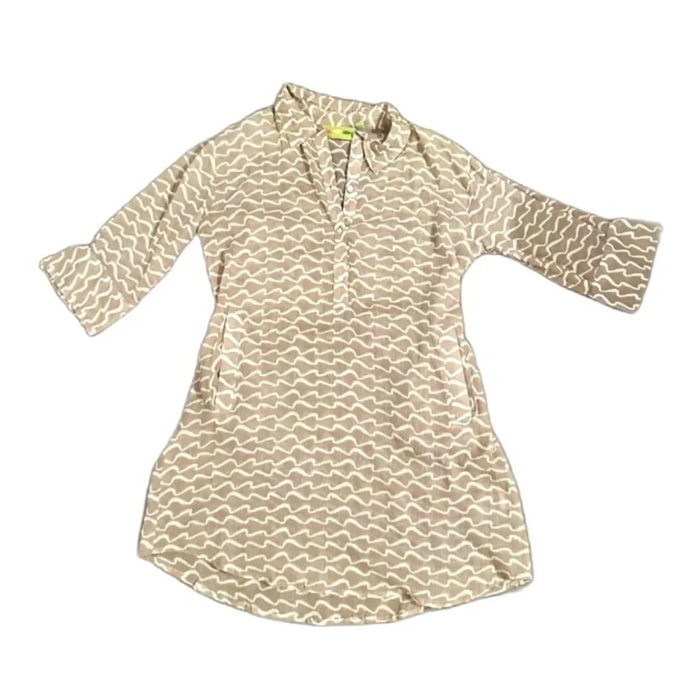 Rock Flower Paper Collared Dress 100% Cotton Womens Large Tan ECO Beach Tunic